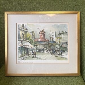 Vintage Paris Moulin Rouge Watercolor Print Framed – French Street Scene Art